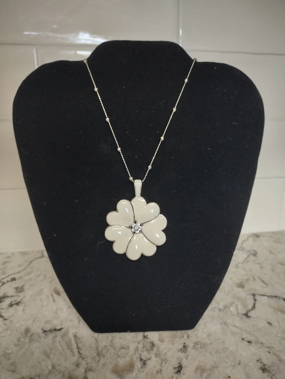 Lia Sophia Lucky in Love Necklace Retired White Enamel Heart Flower Pendant